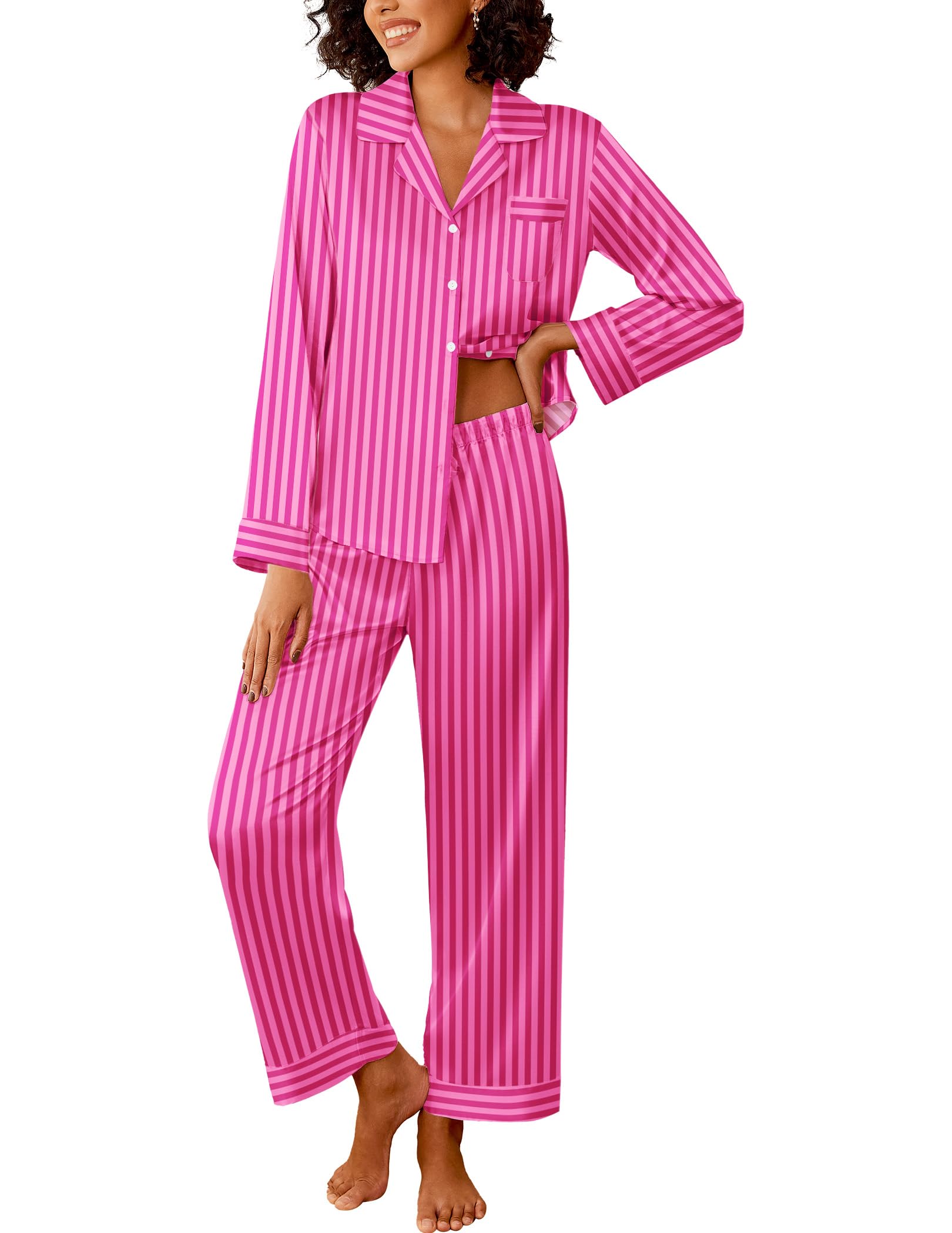 Ekouaer Womens Silk Satin Pajama Sets 2 Piece Pjs Set Stripe Sleepwear