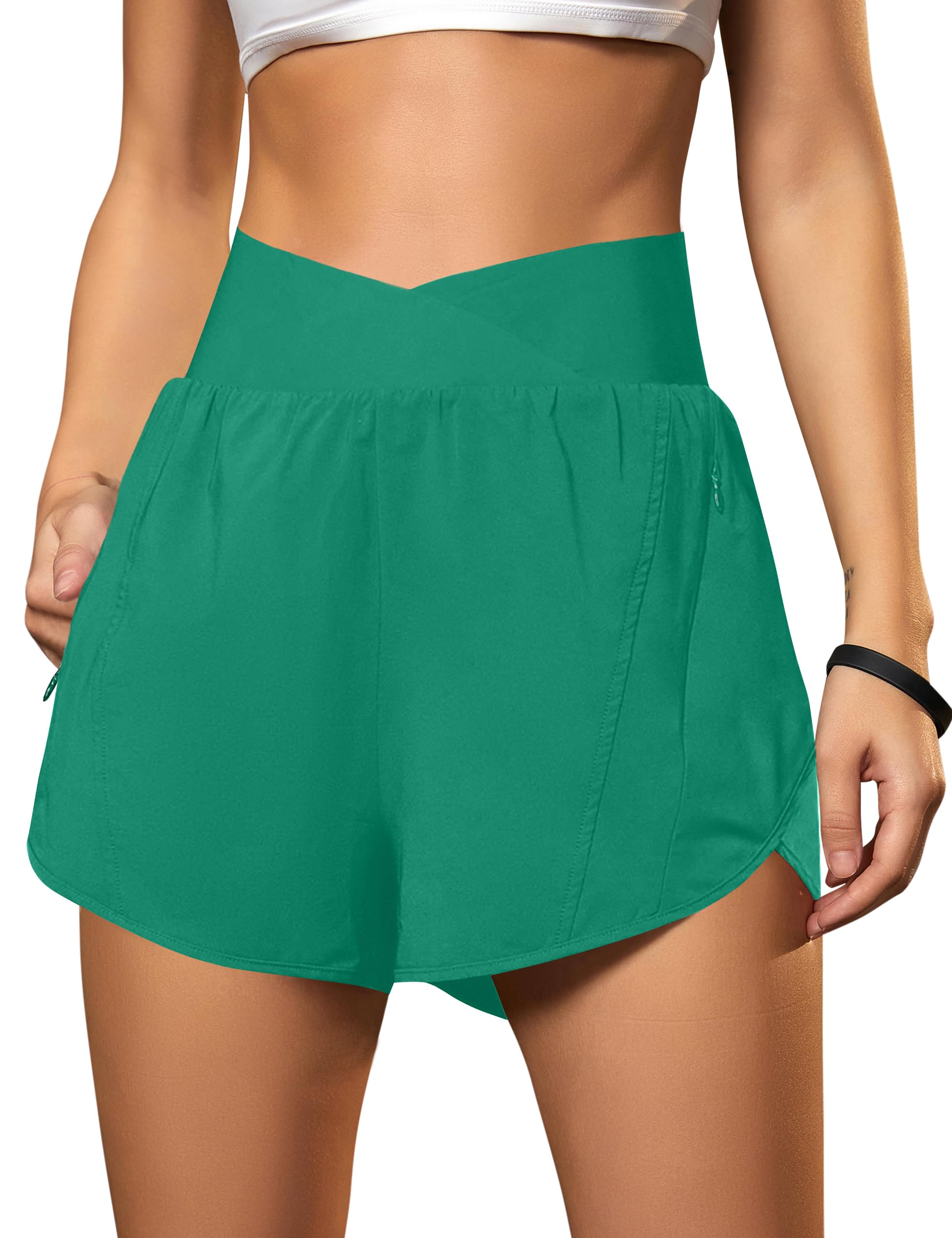 Blooming Jelly Women's Workout Shorts Athletic Running Shorts Crossover High Waisted Gym Shorts with Zipper Pockets