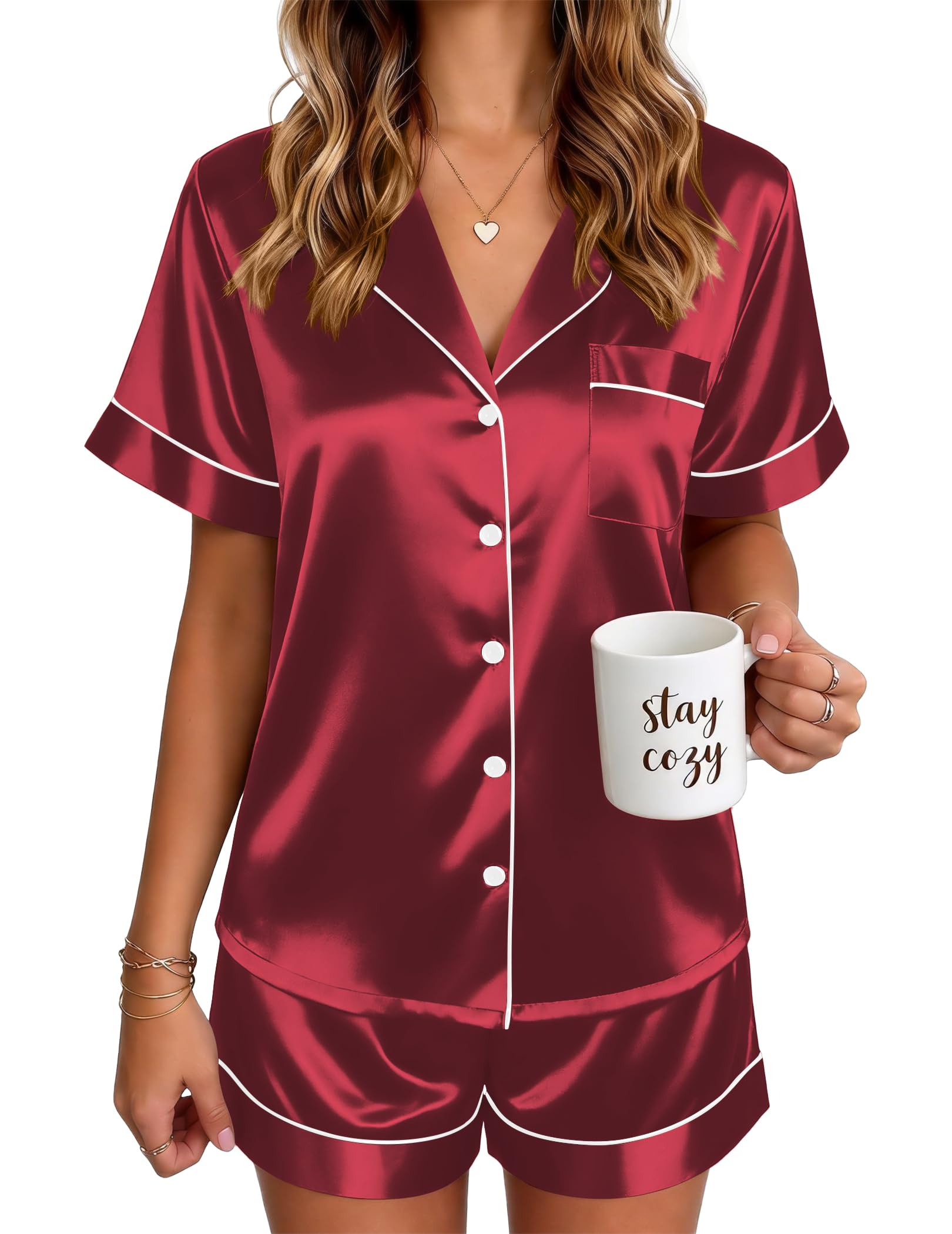 Ekouaer Satin Pajamas for Women Silk Pjs Short Set 2 Piece Lounge Sets