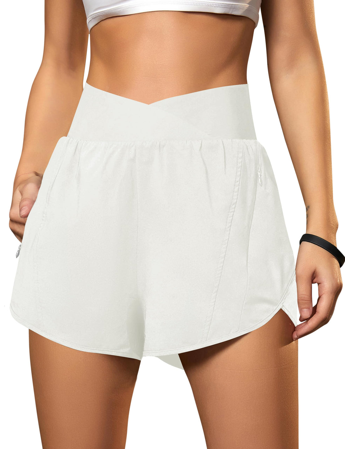 Blooming Jelly Women's Workout Shorts Athletic Running Shorts Crossover High Waisted Gym Shorts with Zipper Pockets