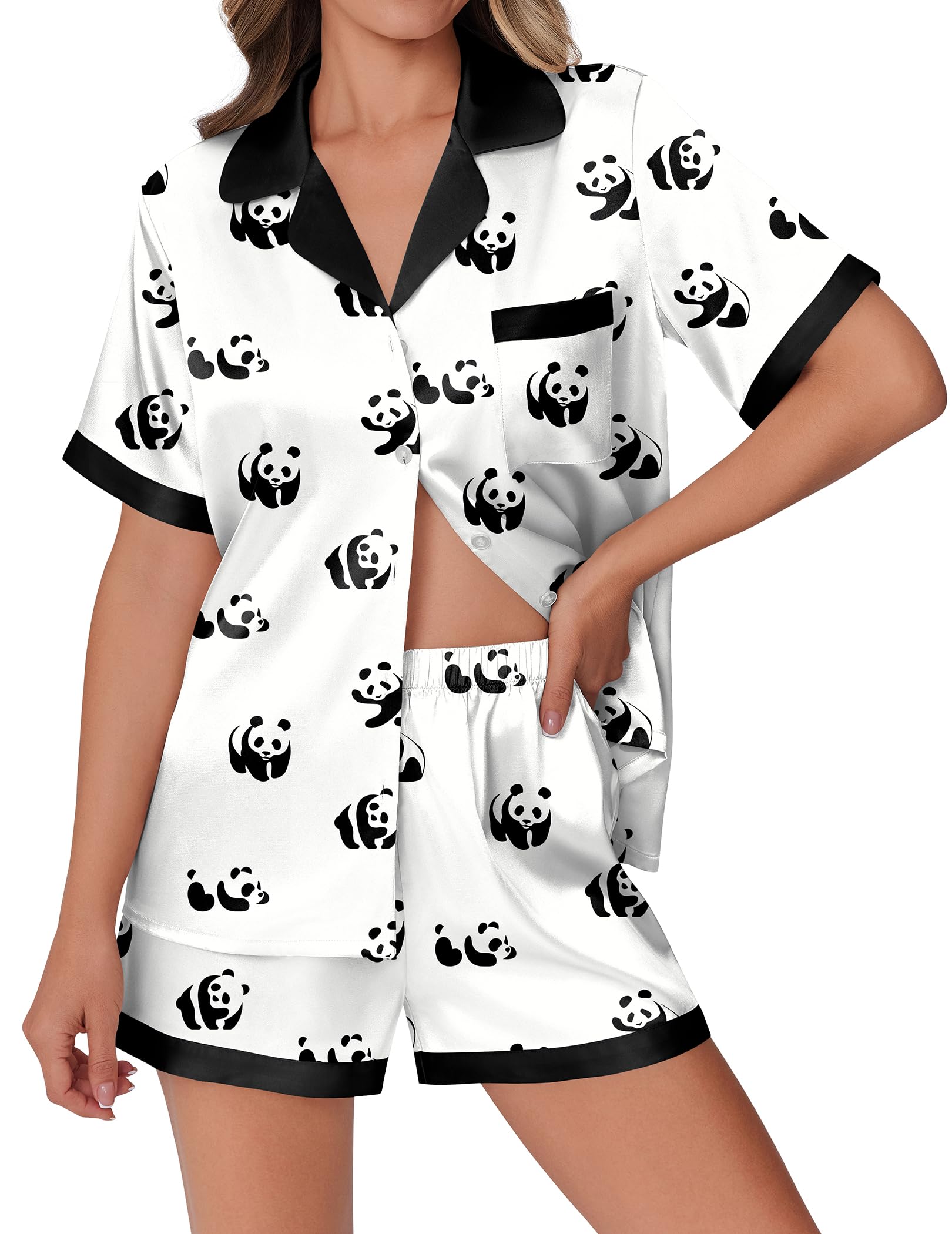 Ekouaer Womens Silky Satin Pajamas Set Short Sleeve Colorful Print Pjs