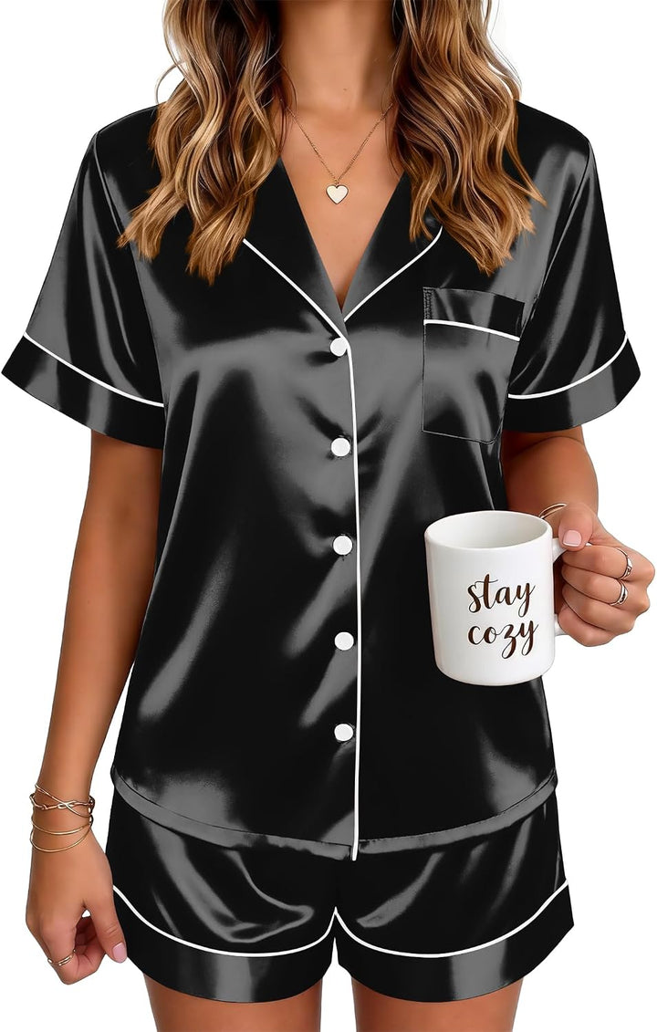 Ekouaer Satin Pajamas for Women Silk Pjs Short Set 2 Piece Lounge Sets