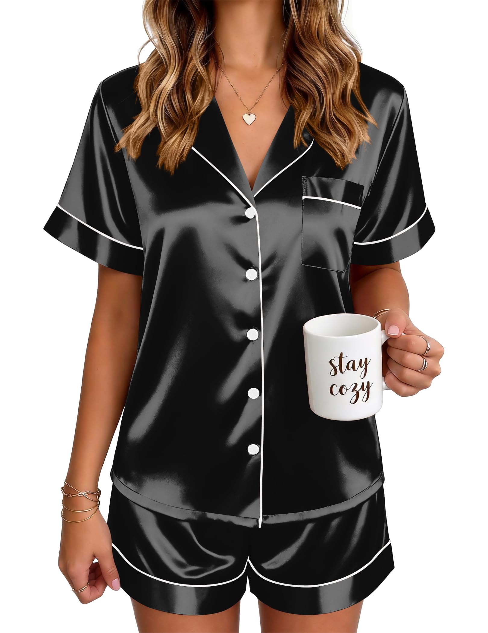 Ekouaer Satin Pajamas for Women Silk Pjs Short Set 2 Piece Lounge Sets