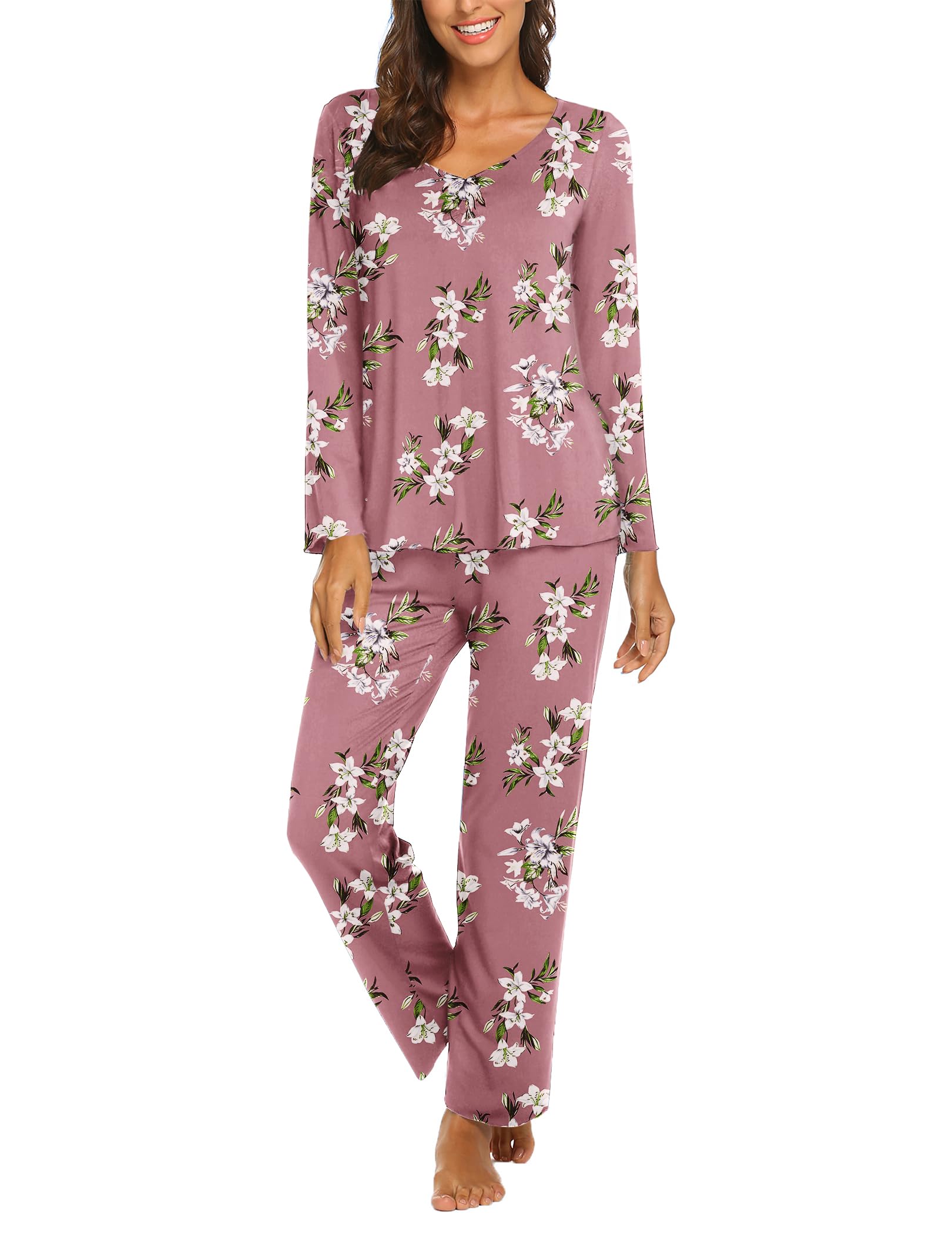 Ekouaer Pajamas for Women Set Long Sleeve Pleated Top and Pants Loungewear