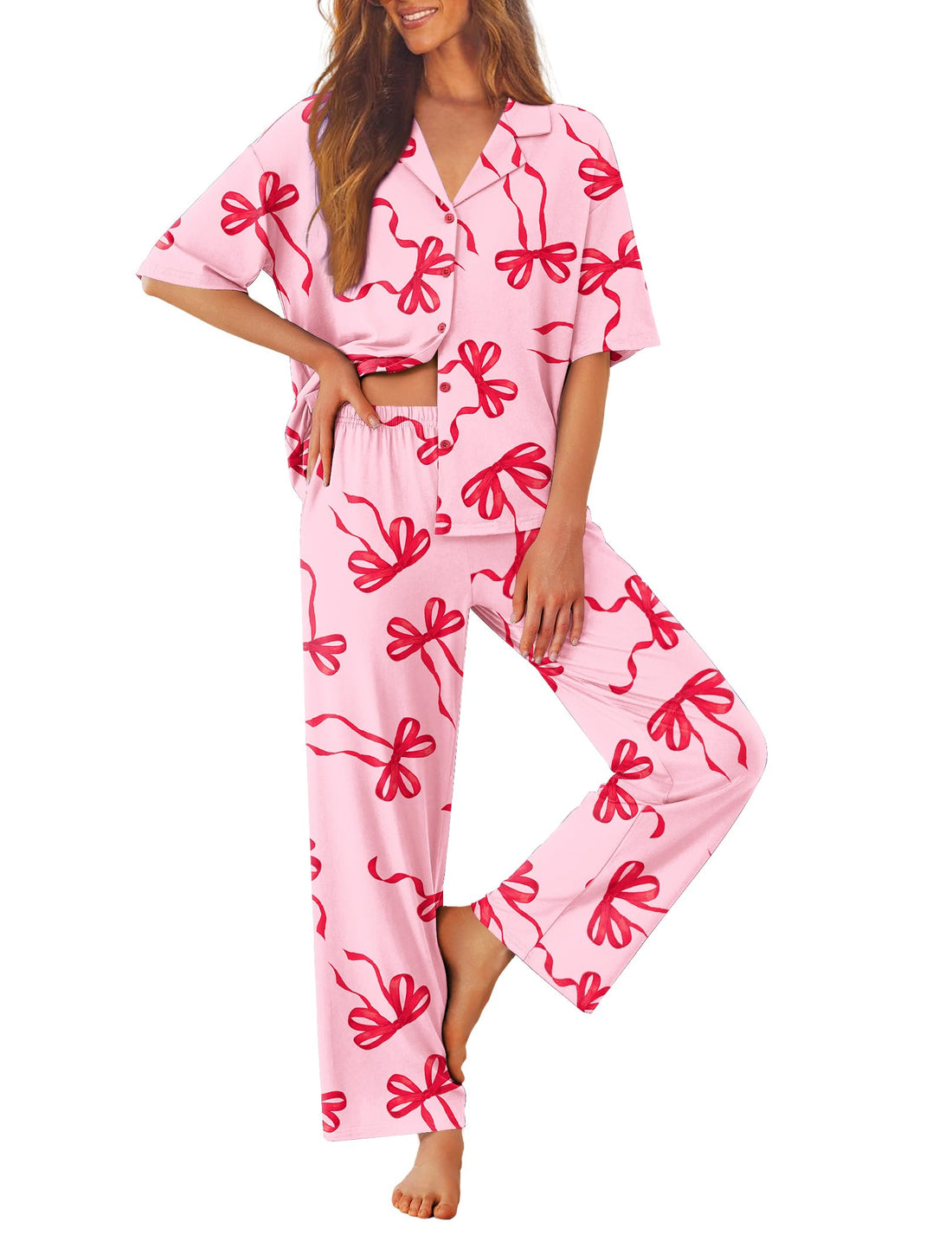 Ekouaer Women Pajamas Set Button Down Sleepwear Short Sleeve Pjs Long Pants