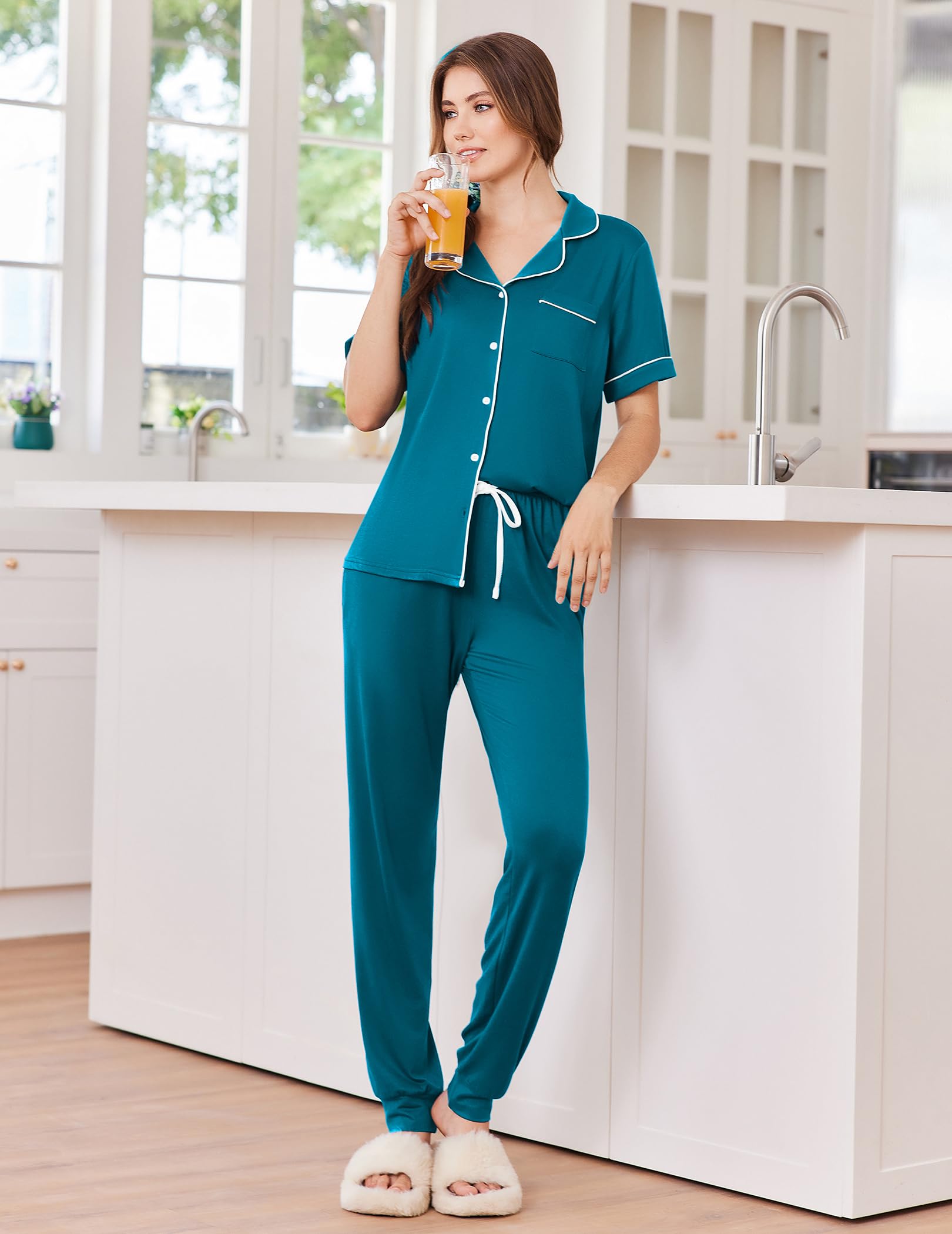 Ekouaer Women Pajama Set Short Sleeve Button Down Pjs with Jogger Pants
