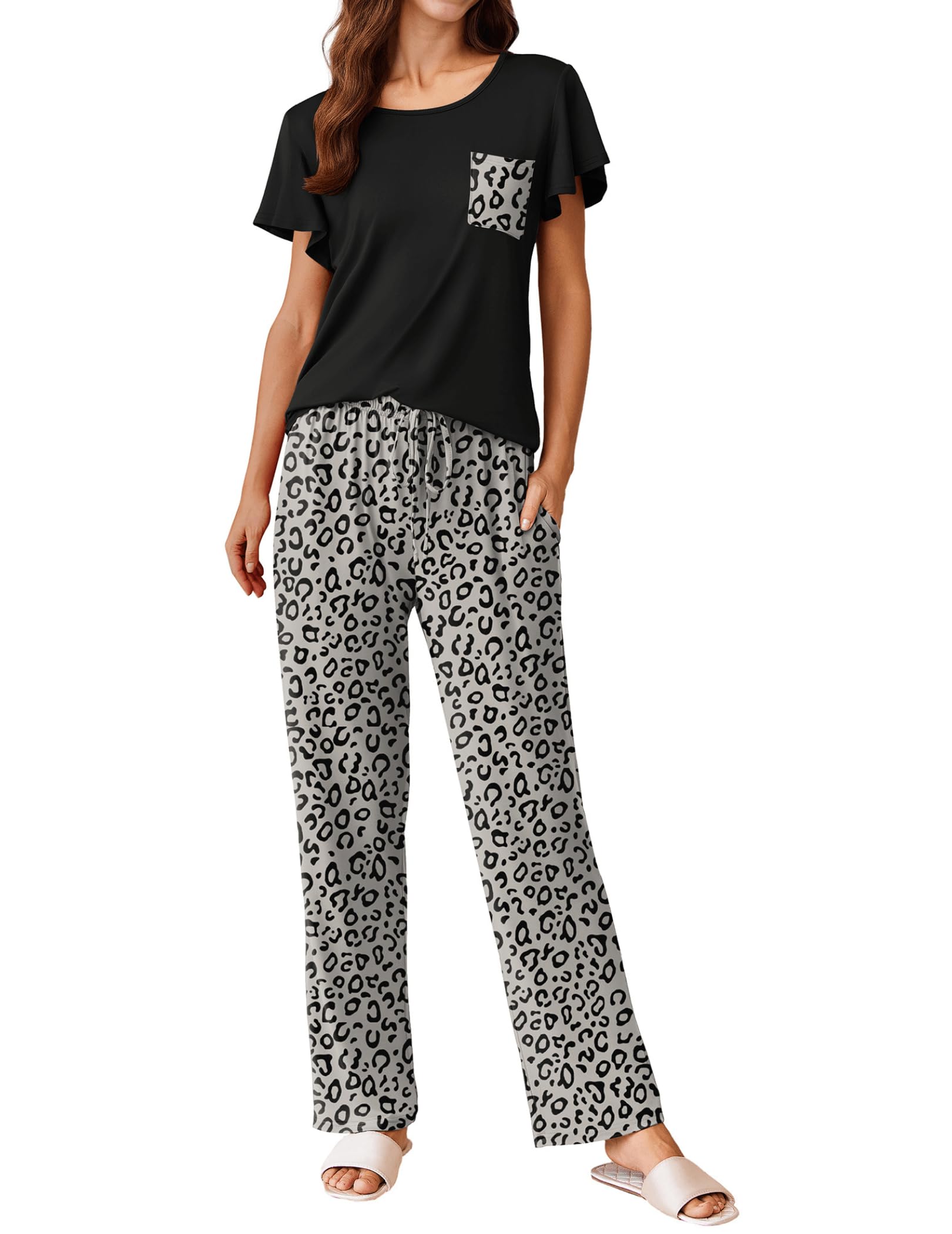 Ekouaer Pajamas for Women Set 2 Piece Comfy Loungewear, Lightweight Pjs Sleepwear, Short Sleeve Top & Long Pants with Pockets
