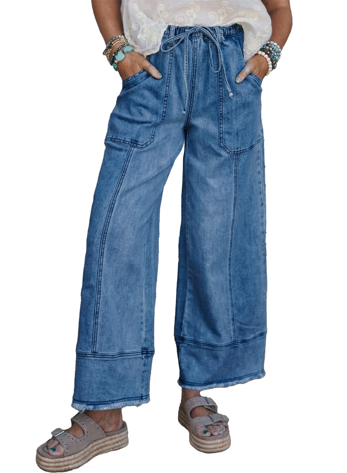 SHEWIN Women's Wide Leg Jeans High Waisted Baggy Jeans Stretchy Drawstring Denim Pants