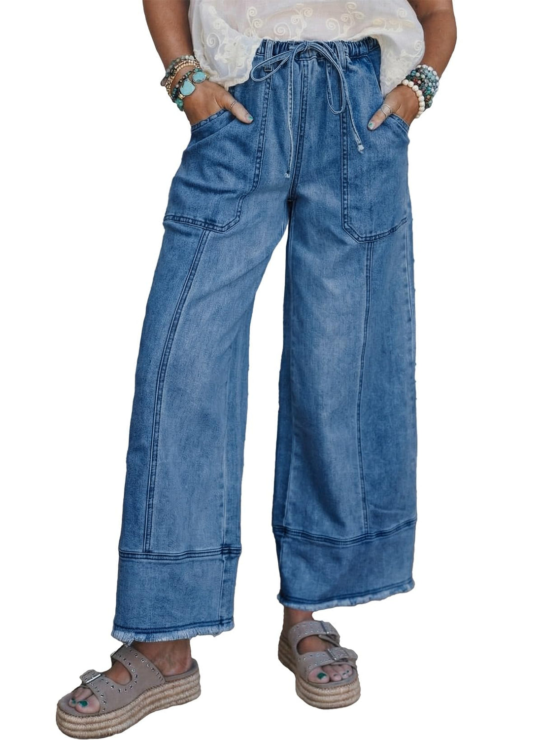 SHEWIN Women's Wide Leg Jeans High Waisted Baggy Jeans Stretchy Drawstring Denim Pants
