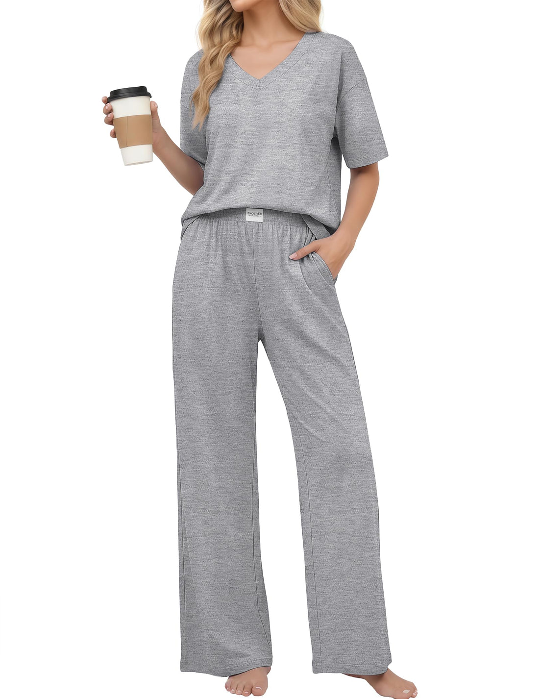 Ekouaer Womens Pajama Sets Cotton Short Sleeve Long Pants Lounge Set