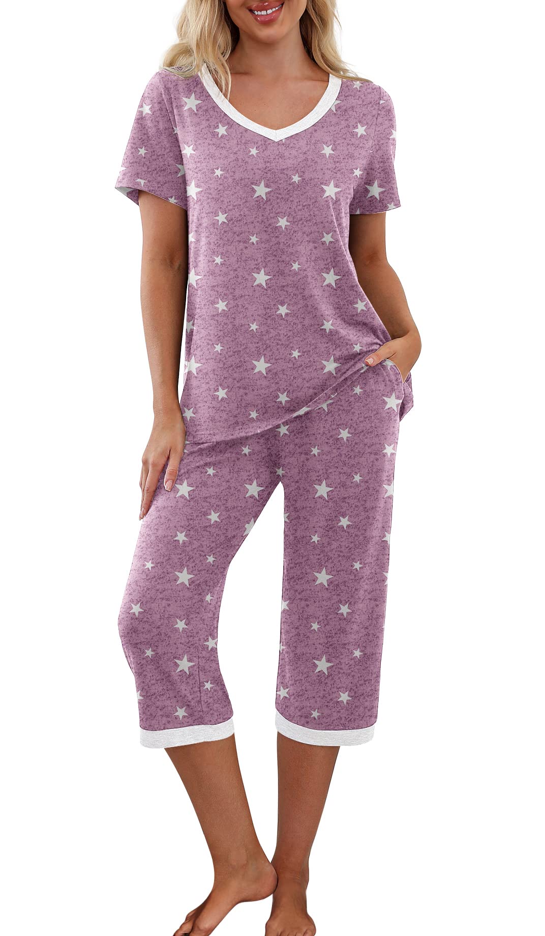 PrinStory Womens Pajama Sets Capri Pjs Soft Lounge Sets S-4XL