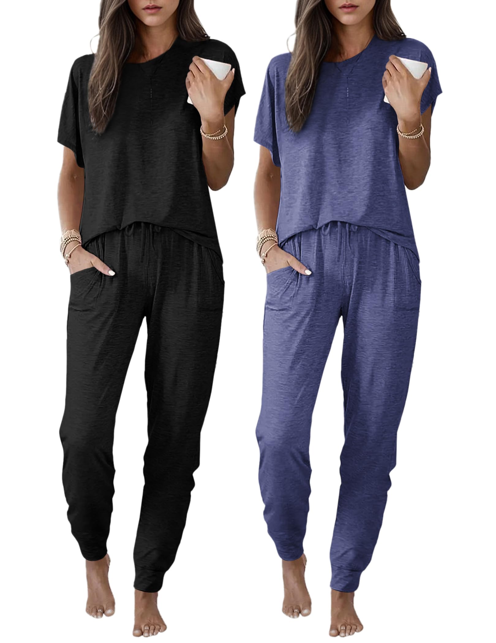 Ekouaer 2 Pack Womens Pajama Short Sleeve Jogger Pants Pjs Lounge Set