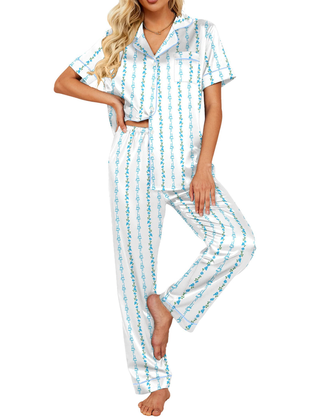 Ekouaer 2 Piece Satin Short Sleeve Pajamas Set Button Down Sleepwear
