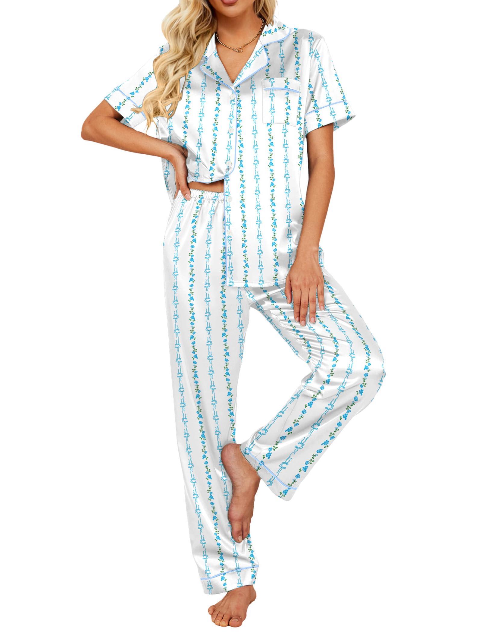Ekouaer 2 Piece Satin Short Sleeve Pajamas Set Button Down Sleepwear