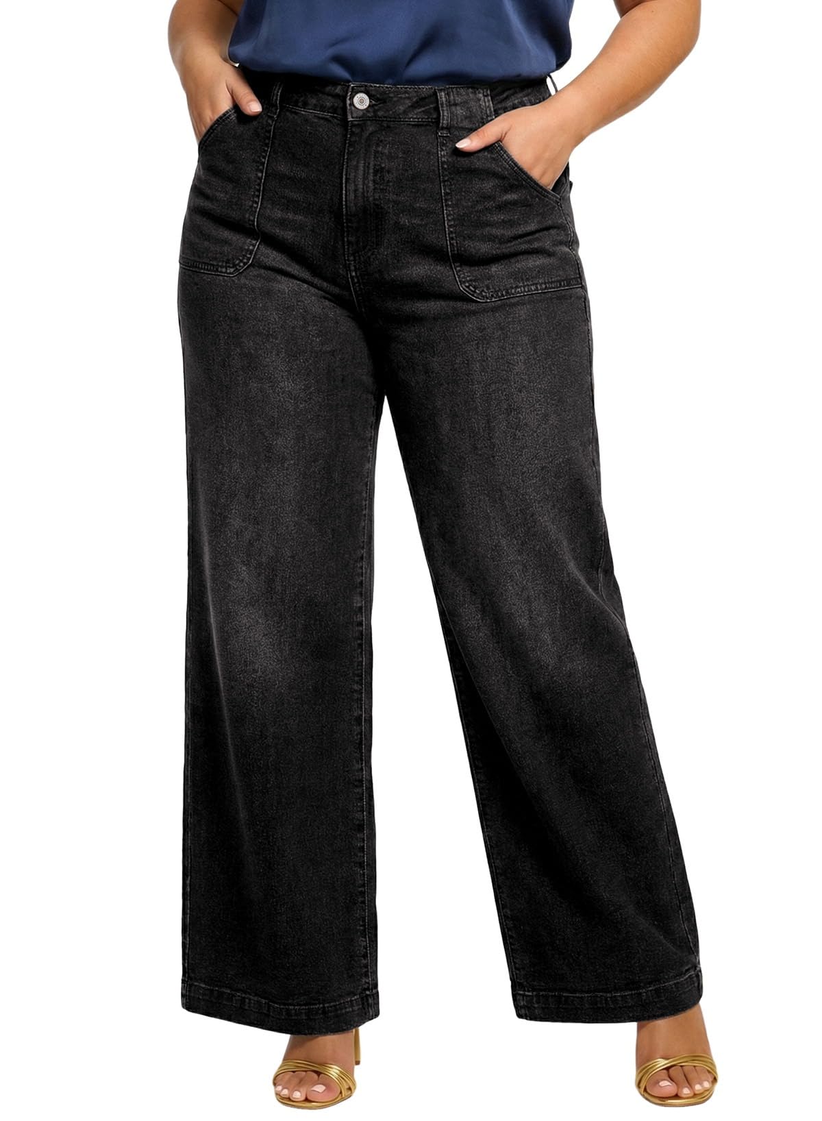 Eytino Plus Size Wide Leg Jeans for Women Elastic High Waisted Stretchy Relaxed Fit Denim Pants with Pockets(1X-5X)