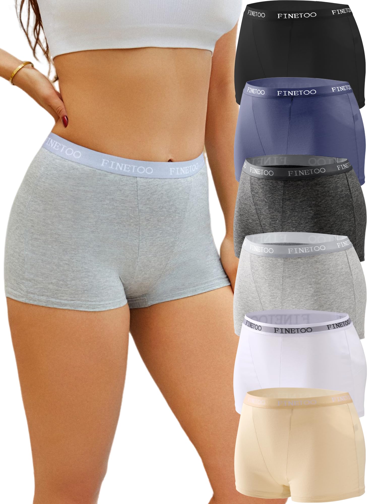 FINETOO Womens Cotton Boy Shorts Underwear Full Coverage Soft Boxer Briefs High Waisted Panties for Lady Girls 6 Pack