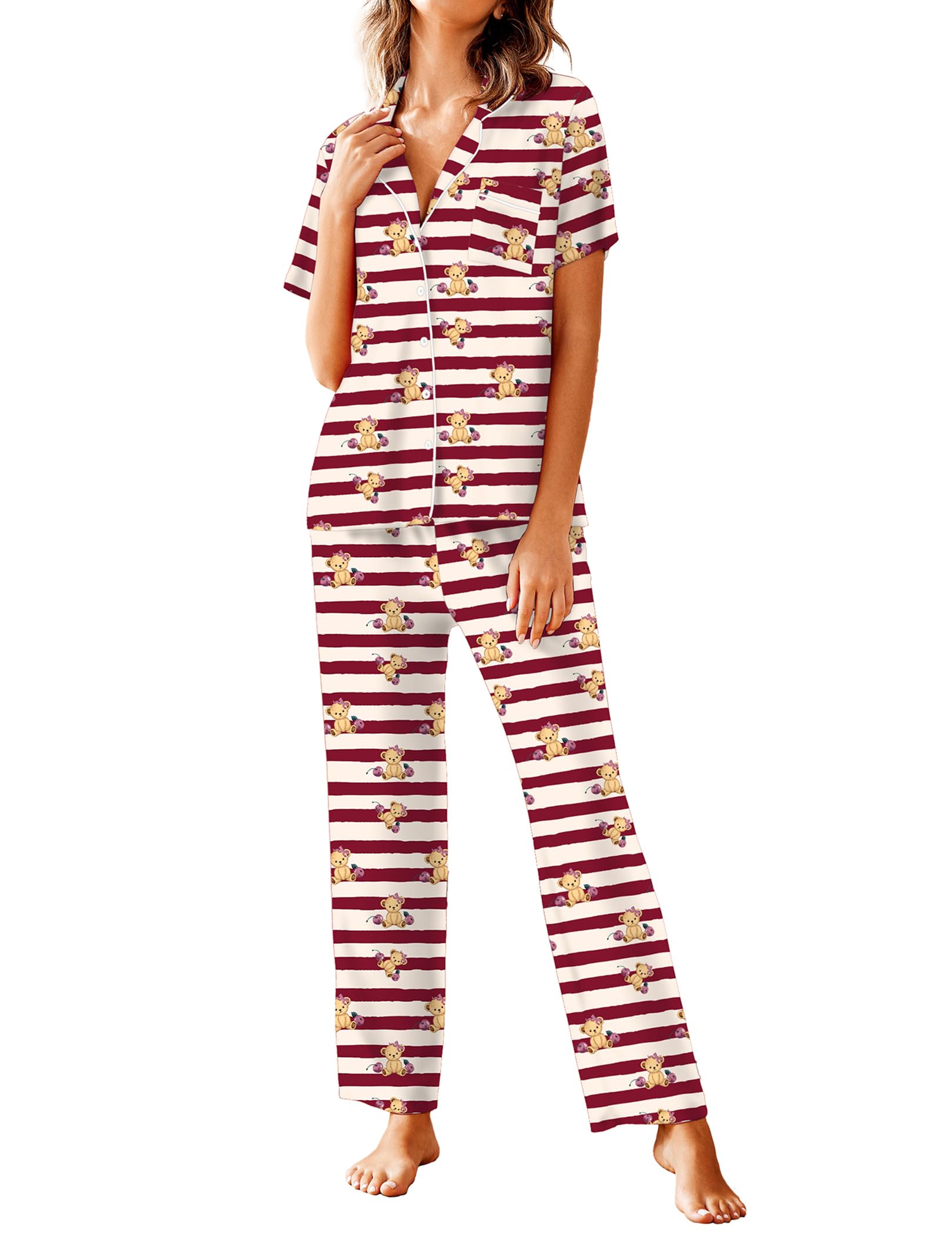 Avidlove Women Pajamas Set Notch Collar Soft Sleepwear Pjs Short Sleeve Button Down Nightwear with Long Pants