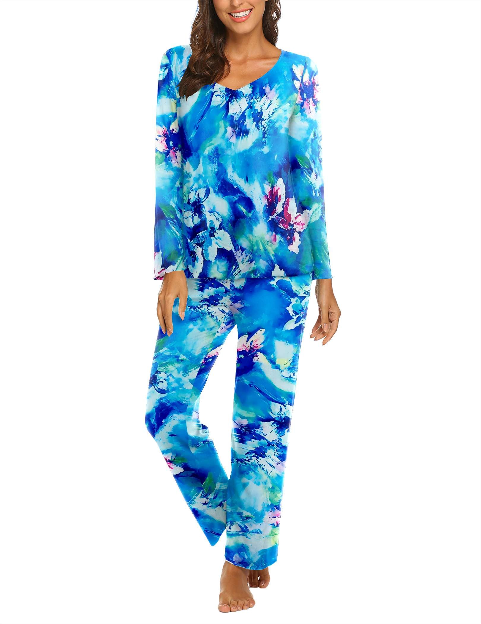 Ekouaer Pajamas for Women Set Long Sleeve Pleated Top and Pants Loungewear
