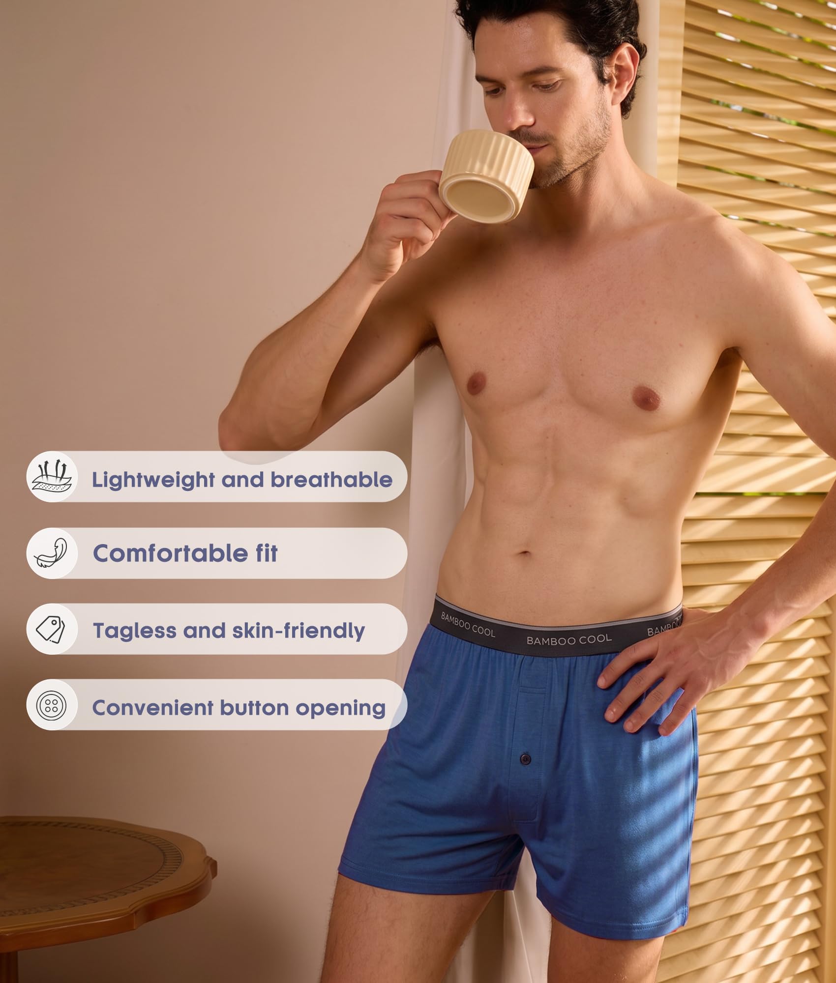 BAMBOO COOL Men's Underwear Boxer Shorts,Breathable knit Boxers,Stretch and Relaxed Fit 4 Pack