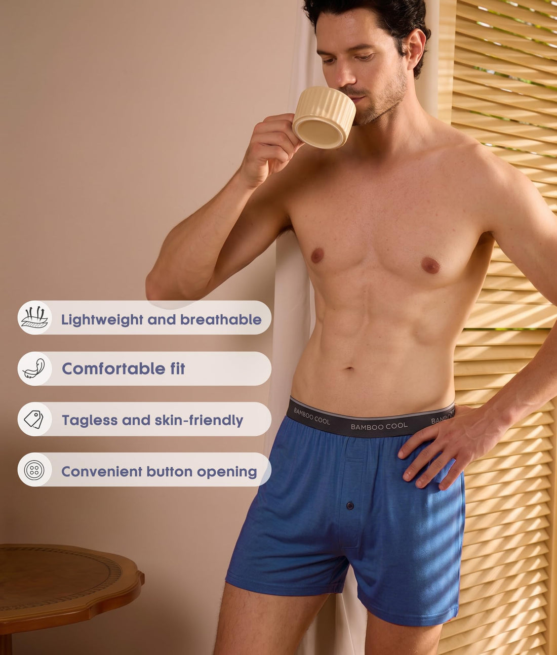 BAMBOO COOL Men's Underwear Boxer Shorts,Breathable knit Boxers,Stretch and Relaxed Fit 4 Pack