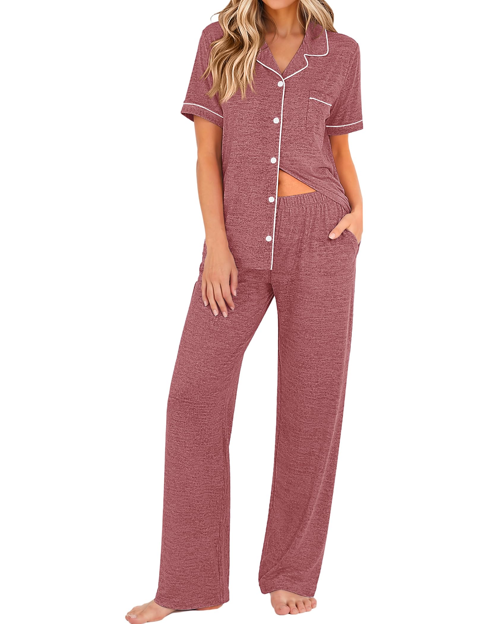 Ekouaer Pajamas for Women Set Short Sleeve Long Pants 2 Piece Lounge Set