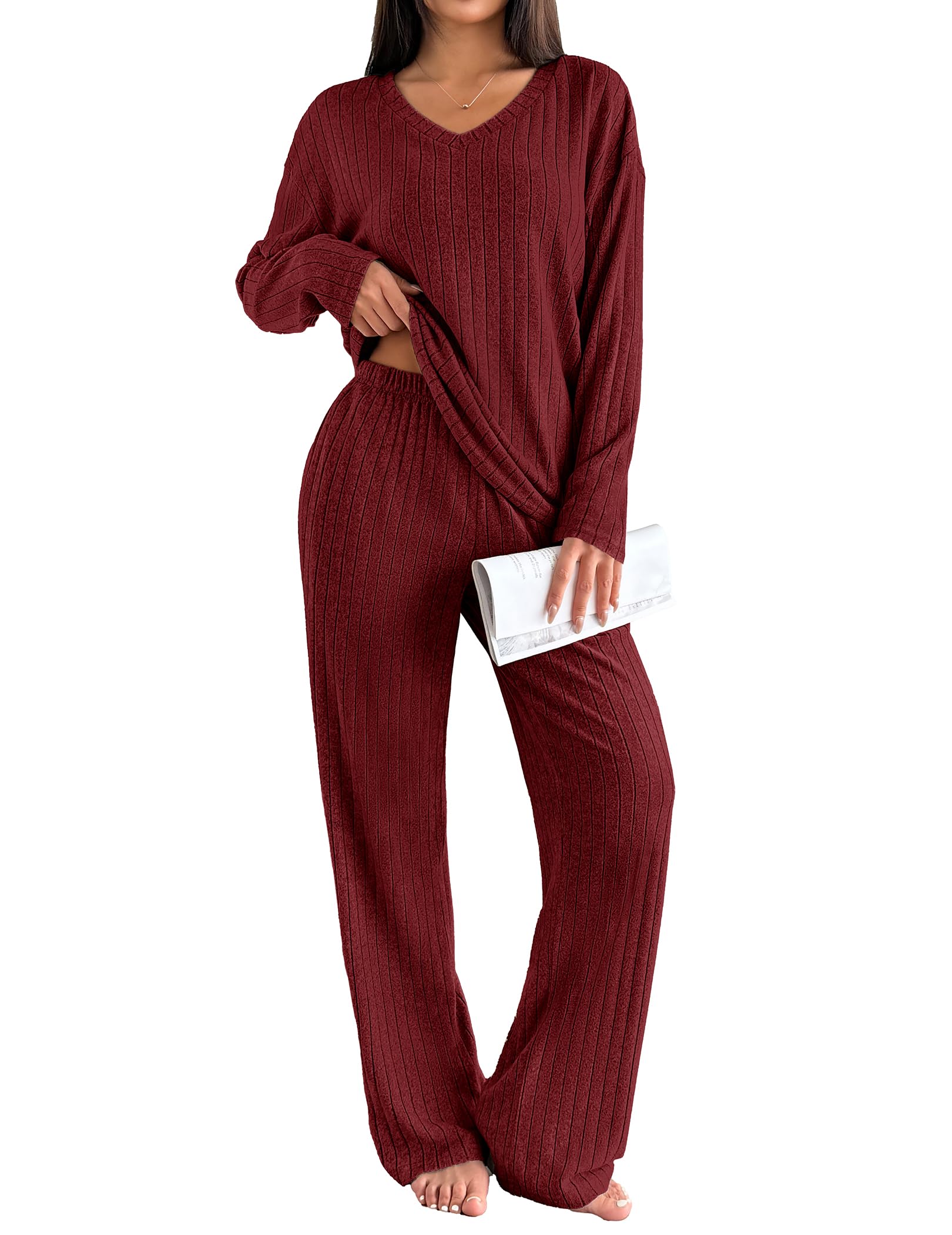 Ekouaer Lounge Sets for Women Long Sleeve Knit Ribbed Pajama Sets 2 Piece Casual Loungewear with Pockets