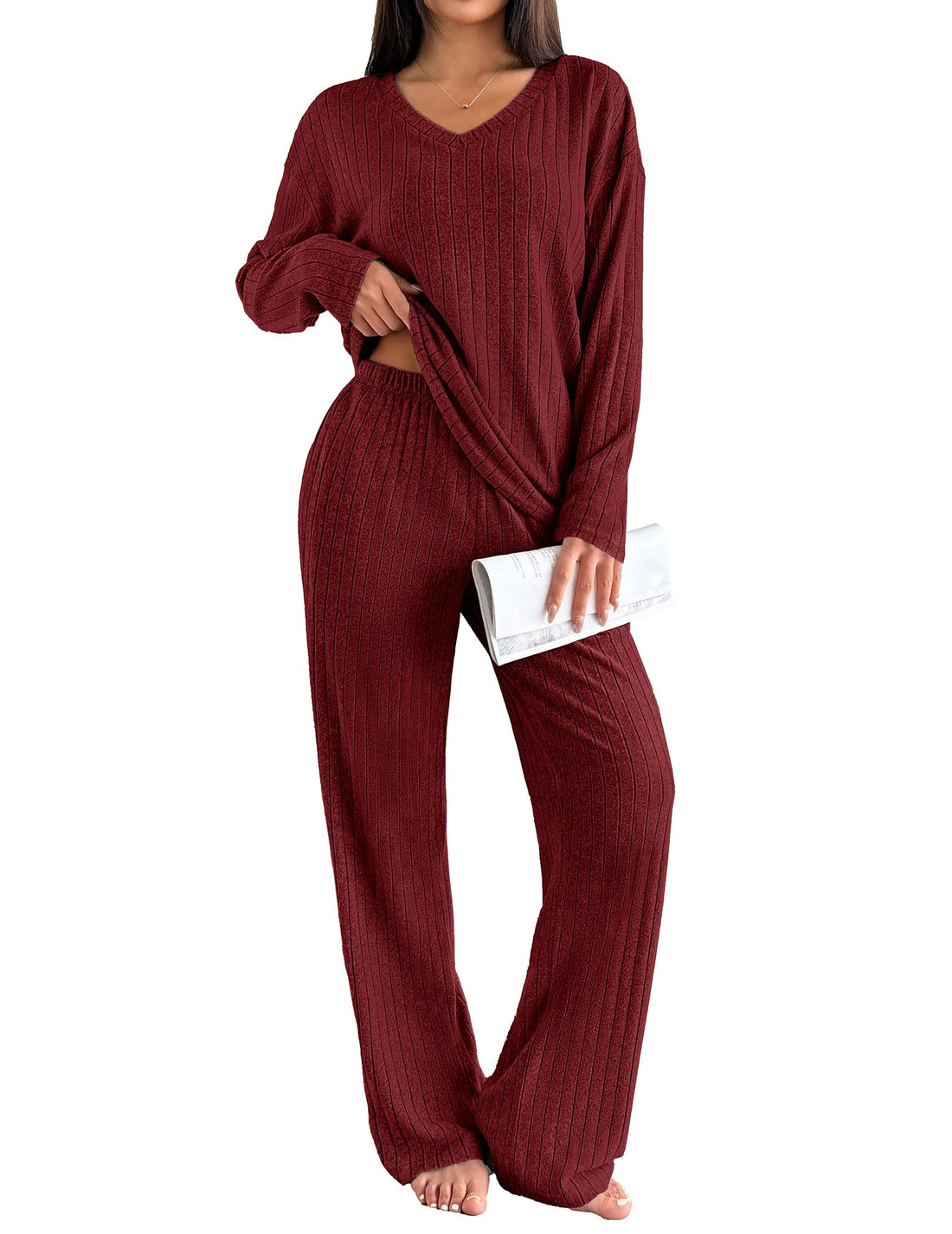 Ekouaer Lounge Sets for Women Long Sleeve Knit Ribbed Pajama Sets 2 Piece Casual Loungewear with Pockets