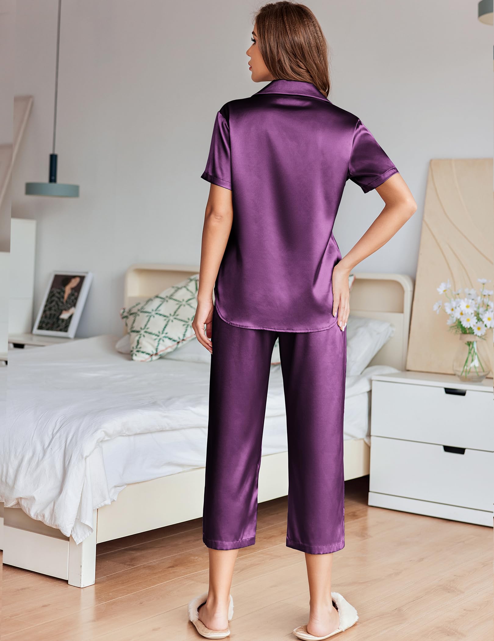 Ekouaer Womens Satin Silky Capri Pajamas Short Sleeve Button Down Sleepwear