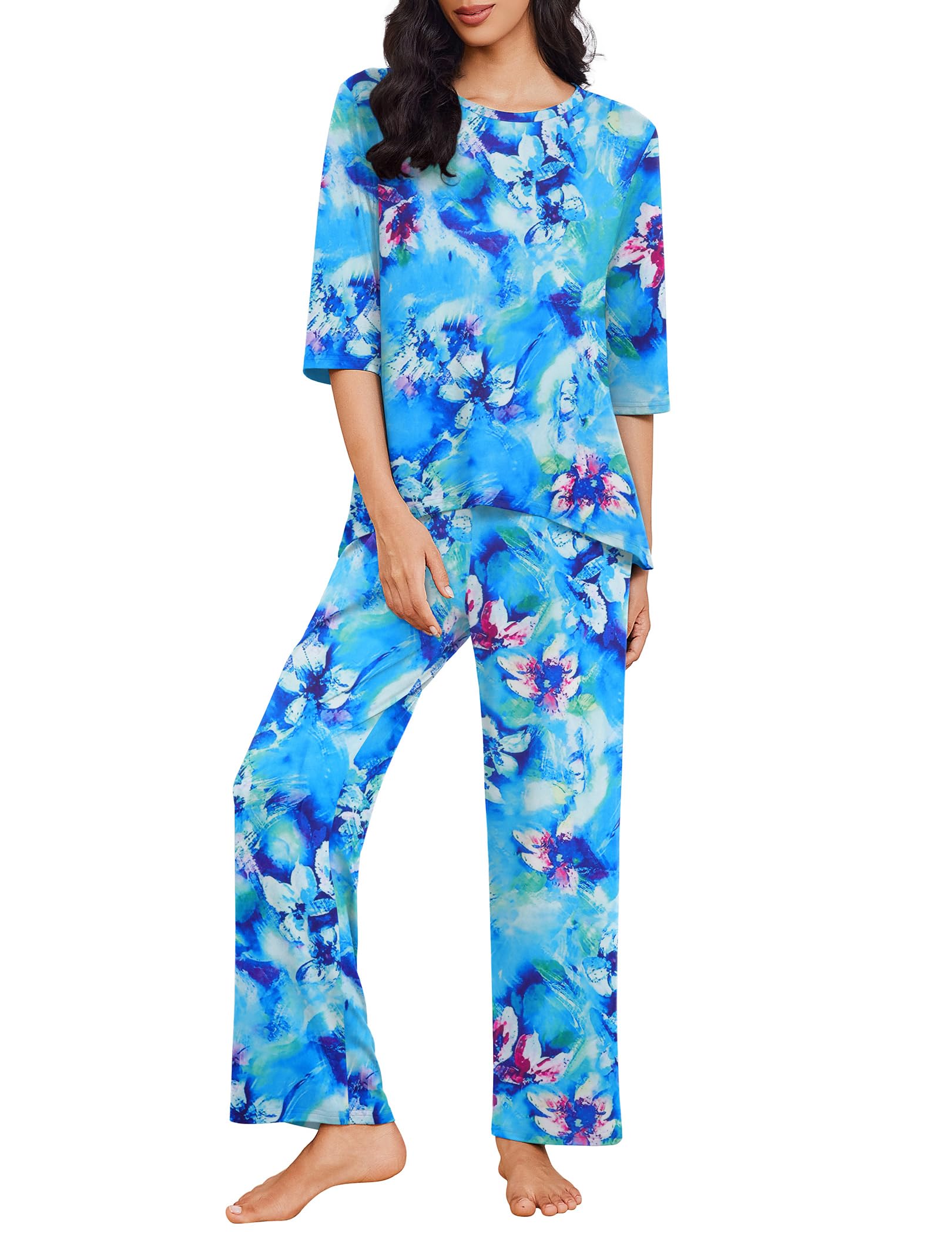 Ekouaer Womens Pajamas Set 2 Piece 3/4 Sleeve Tops Long Pants Pj Set
