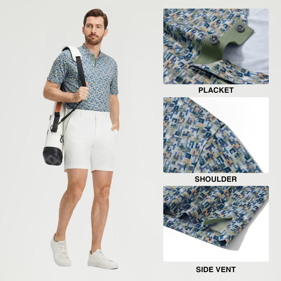 M MAELREG Golf Shirts for Men Collarless Performance Dry Fit Stretch Henley Casual Printed Mens Polo Shirts Short Sleeve