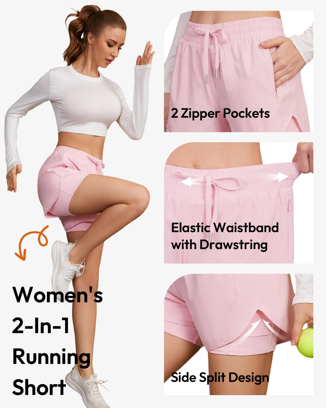 CE' CERDR 5 Pack Women's 2 in 1 Running Shorts High Waisted Athletic Workout Short for Gym Yoga with Liner 4 Pockets
