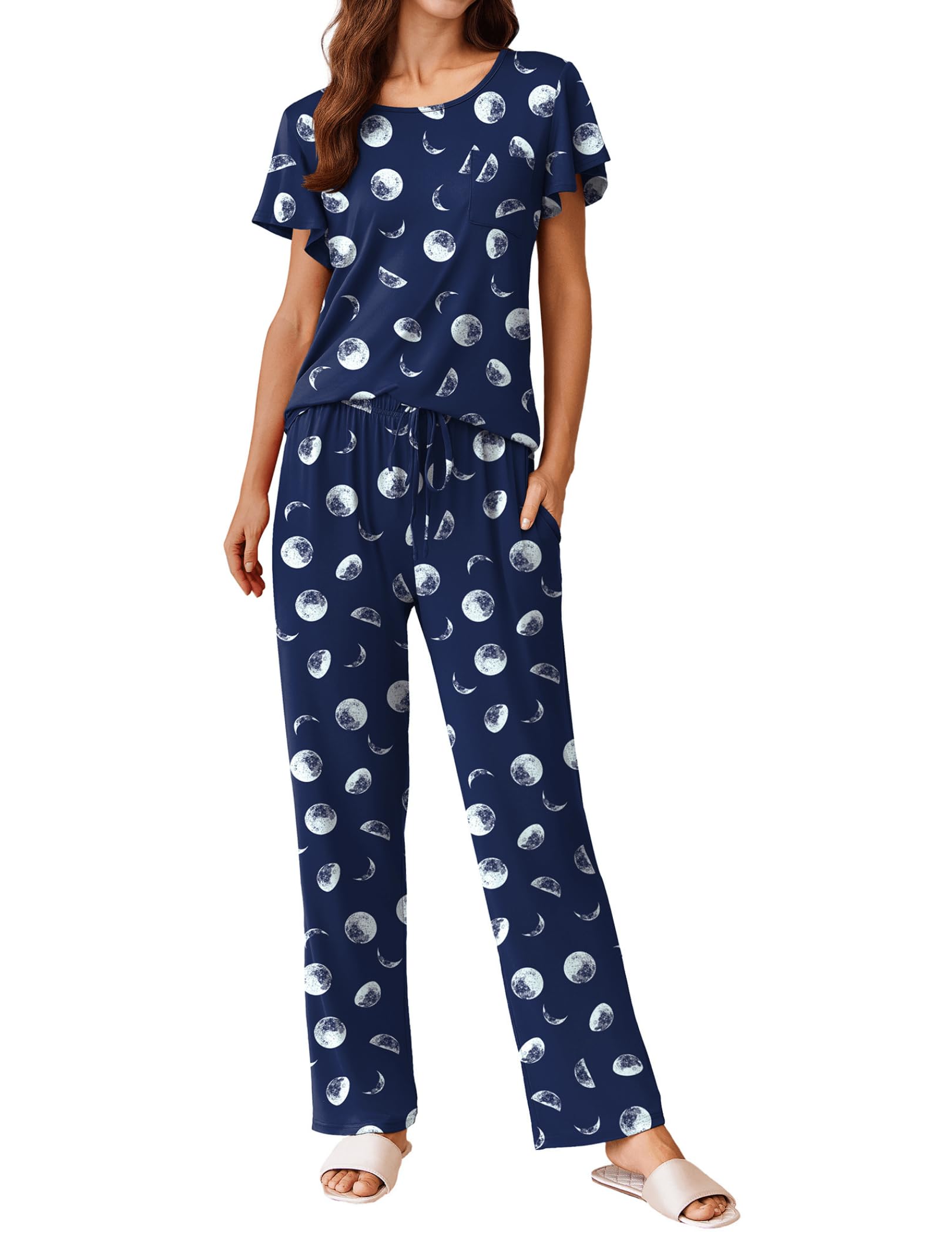 Ekouaer Pajamas for Women Set 2 Piece Comfy Loungewear, Lightweight Pjs Sleepwear, Short Sleeve Top & Long Pants with Pockets