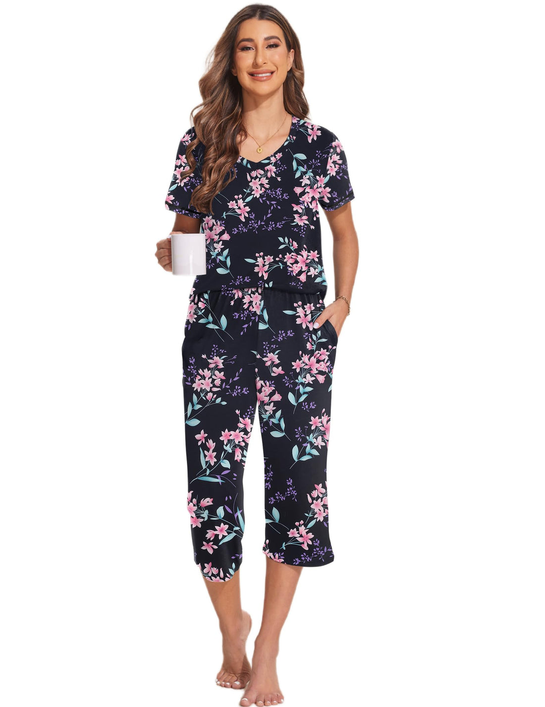 Ekouaer 2 Pack Women's Capri Pajama Sets Short Sleeve Two-Piece Pjs V Neck Tops & Pants Printed Lounge Sets S-3XL