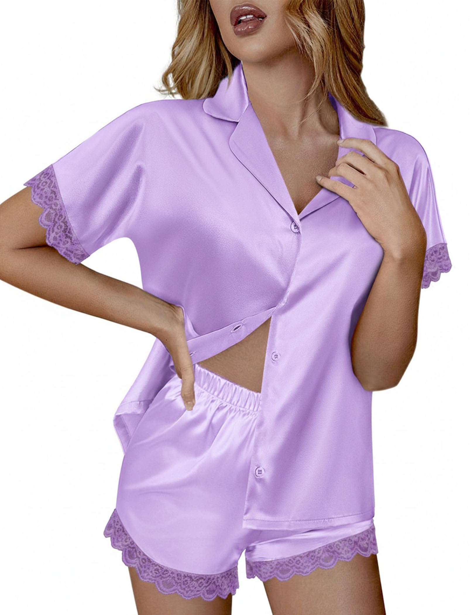 Ekouaer Women Lace Satin Pajama Set Button Down Silk Pjs Shorts Set XS-XXL