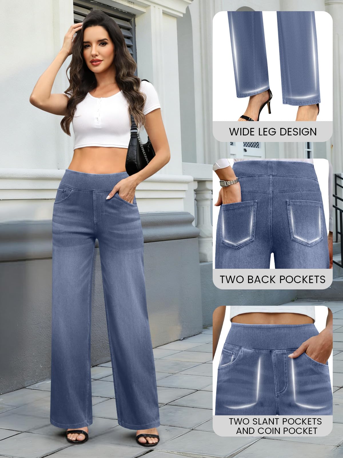 COPYLEAF Wide Leg Jeans Woman High Waisted Stretchy Baggy Sweatpant Jeans Pull On Straight Leg Loose Trendy Denim Pants