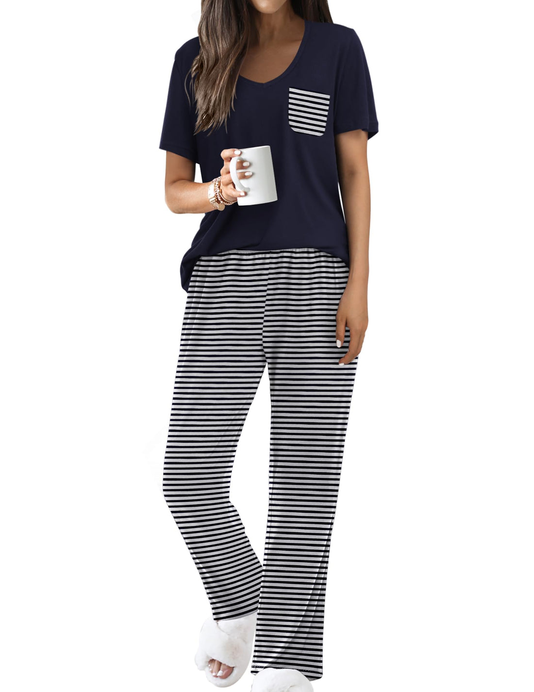 Ekouaer Pajama Sets for Women 2 Piece Short Sleeve Pj V Neck Chest Pocket