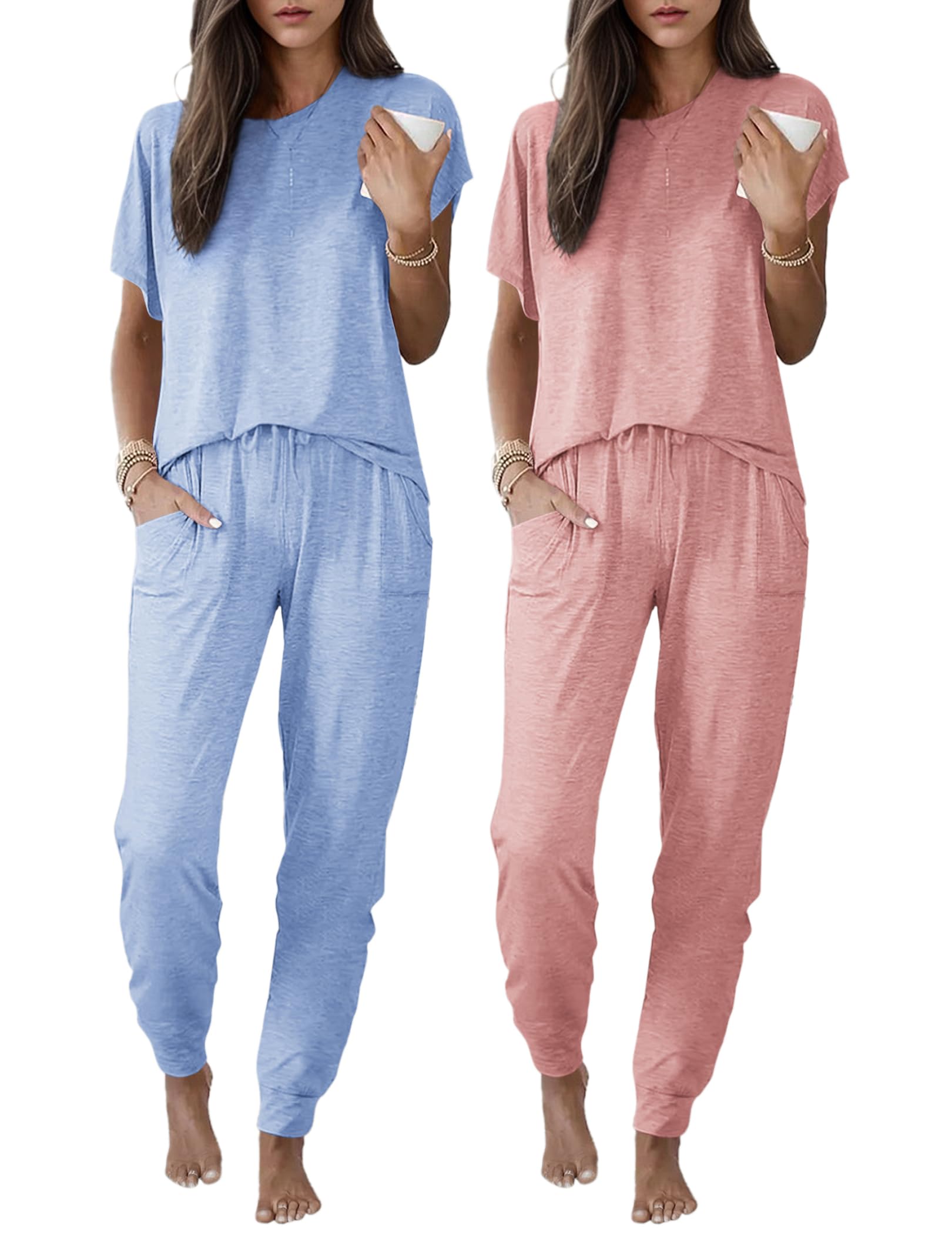 Ekouaer 2 Pack Womens Pajama Short Sleeve Jogger Pants Pjs Lounge Set