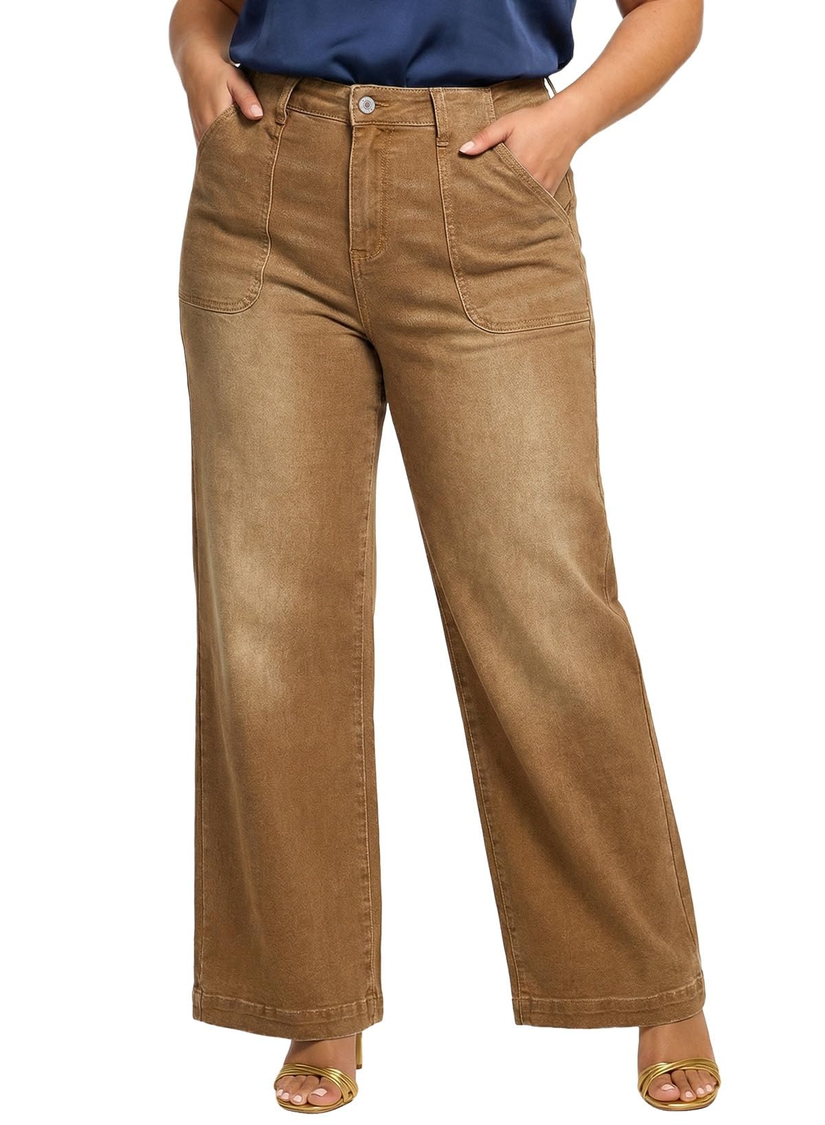 Eytino Plus Size Wide Leg Jeans for Women Elastic High Waisted Stretchy Relaxed Fit Denim Pants with Pockets(1X-5X)