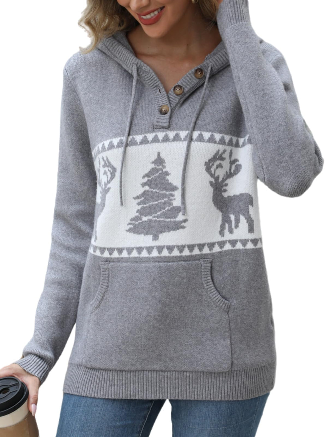 CiCiBird Women's Fall Hoodies Sweater V Neck Waffle Knit Top with Pocket | Loose Fit, V Neck Button, Adjustable Drawstring, Long Sleeve, Kangaroo Pocket, Weekend Errands, Daily Wear, Work Casual