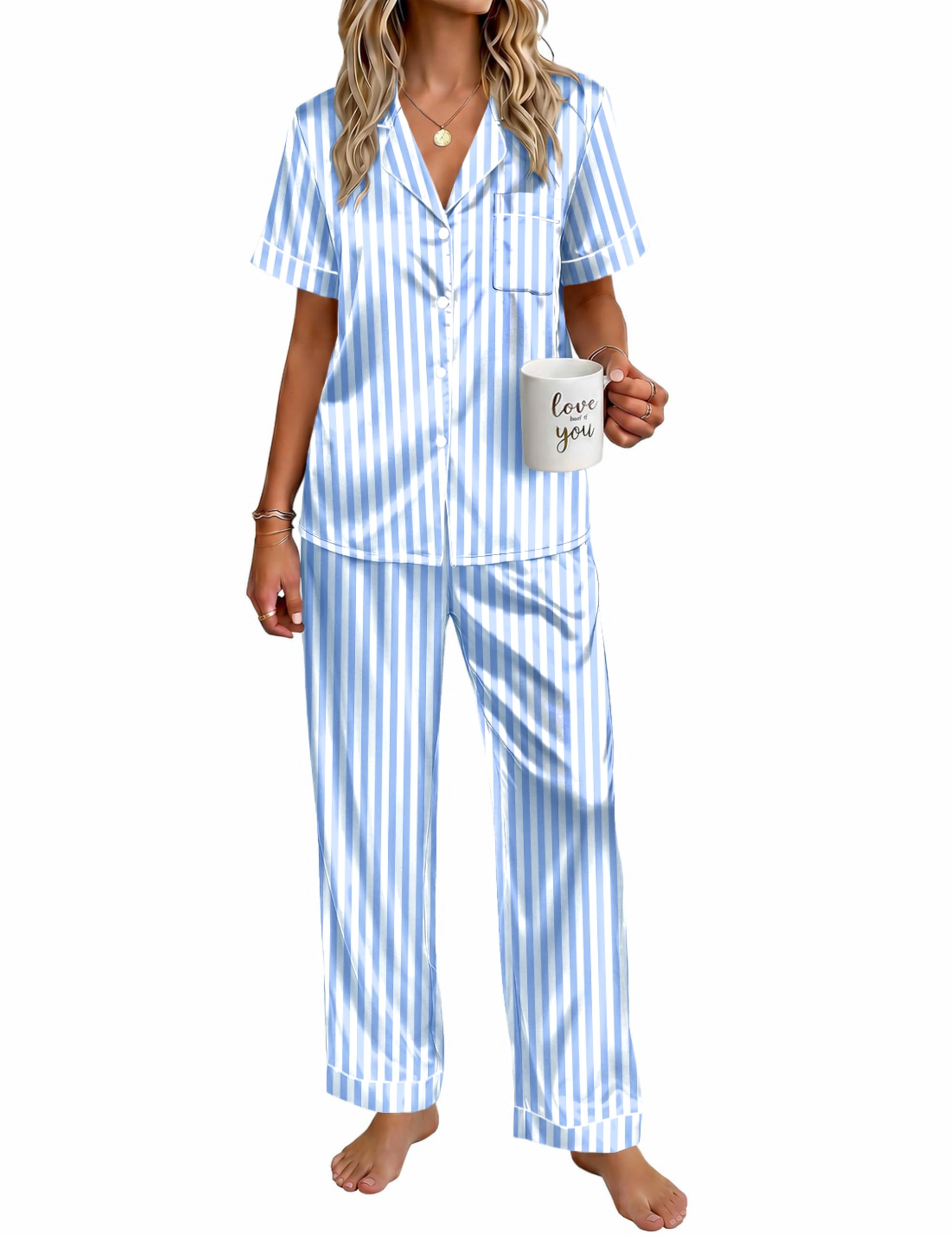 Ekouaer Womens Satin Pajama Set Silky Short Sleeve Button Down Pj Set