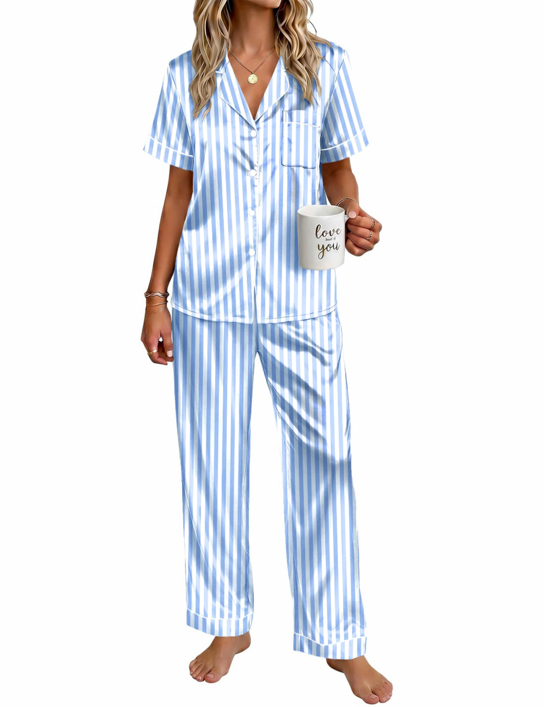 Ekouaer Womens Satin Pajama Set Silky Short Sleeve Button Down Pj Set