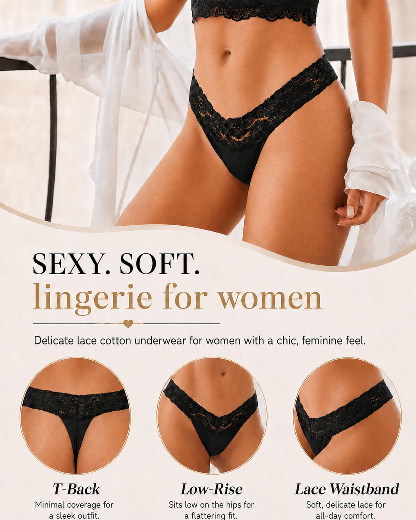 READY TO LOVE Cotton Underwear for Women Lace Sexy Soft Thongs Low Rise T-Back Lingerie Stretchy Ladies Panties