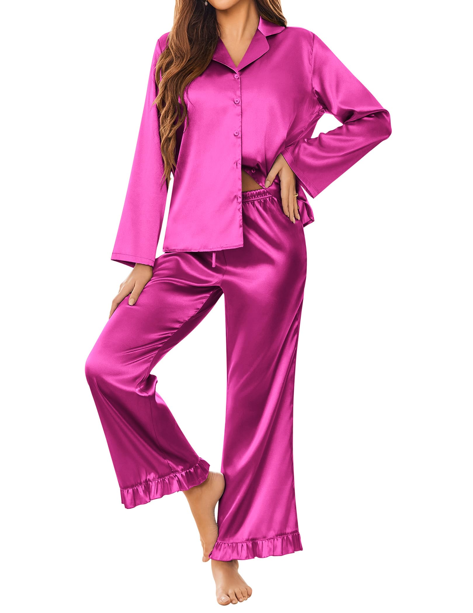 Ekouaer Satin Pajama Set for Women Long Button Down Silk Pj with Ruffle