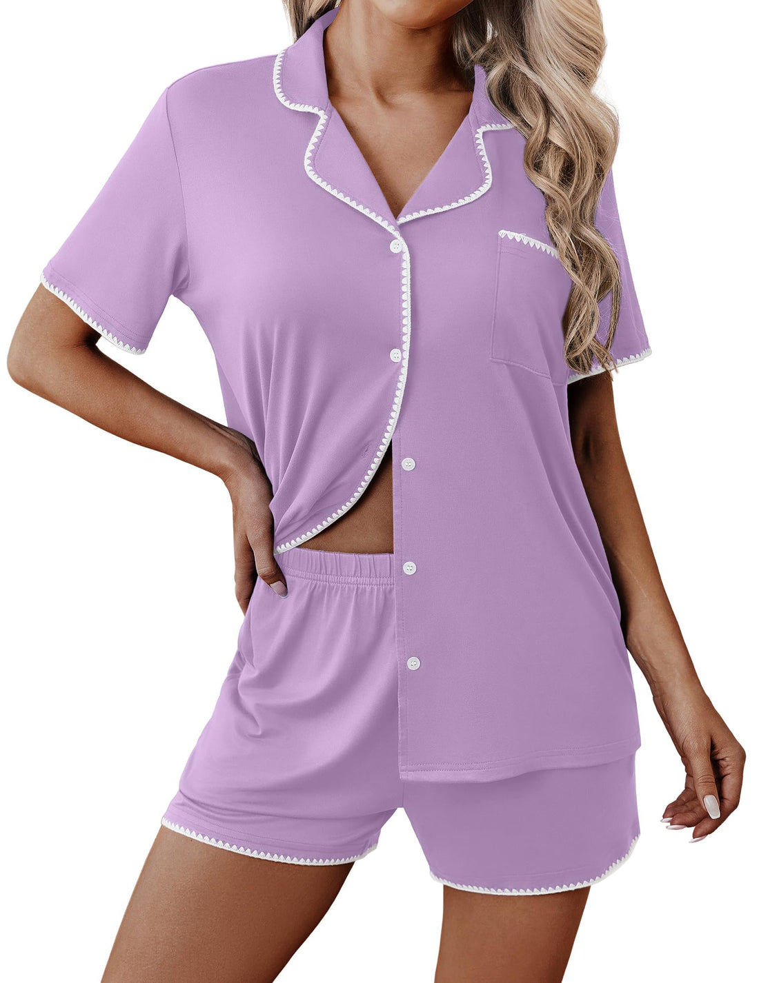 Ekouaer Pajamas for Women Set 2 Piece Soft Button Down Top and Shorts