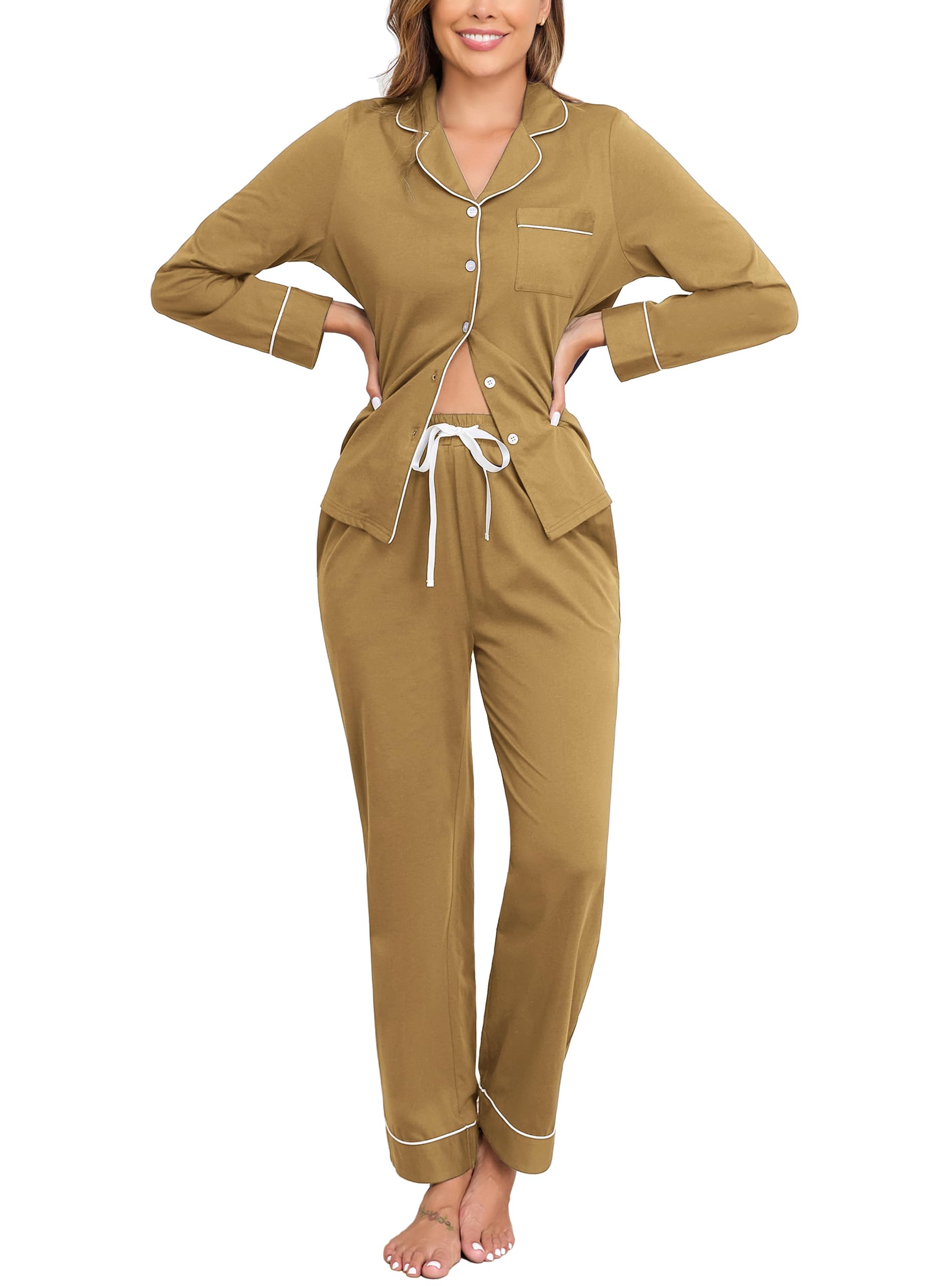 Veseacky 100% Cotton Women's Pajama Set Long Sleeve Button Down Sleepwear Soft Pjs Lounge Sets Nightwear Pjs XS-XXL