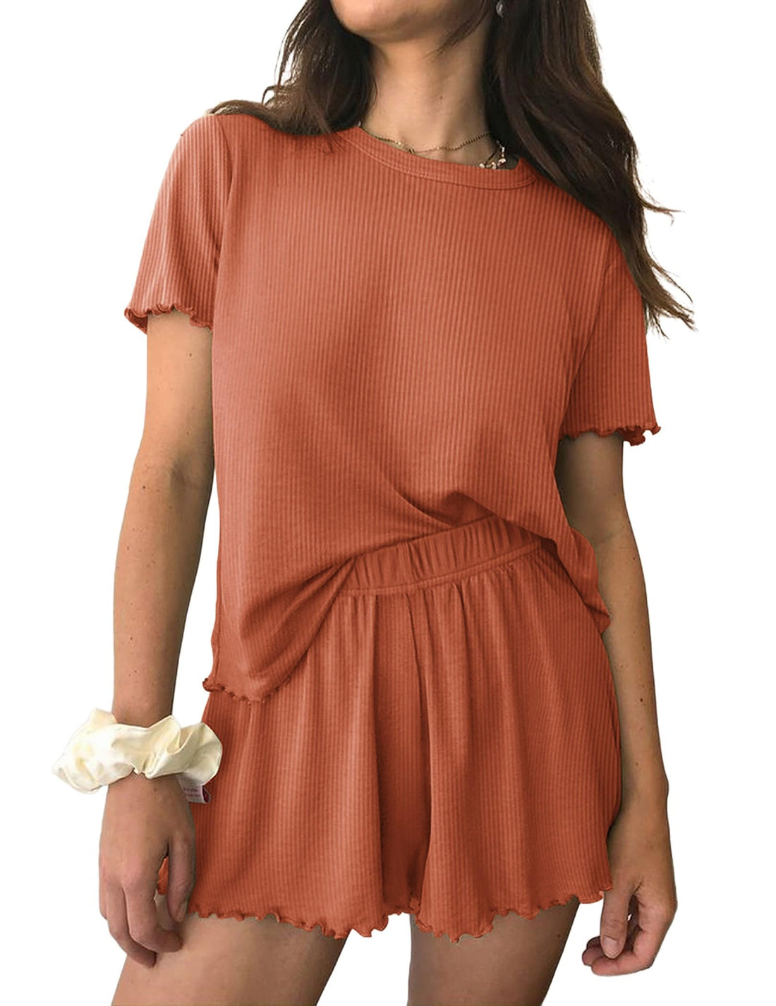 Ekouaer Womens Pajamas 2 Piece Ribbed Knit Pjs Short Sleeve Lounge Sets
