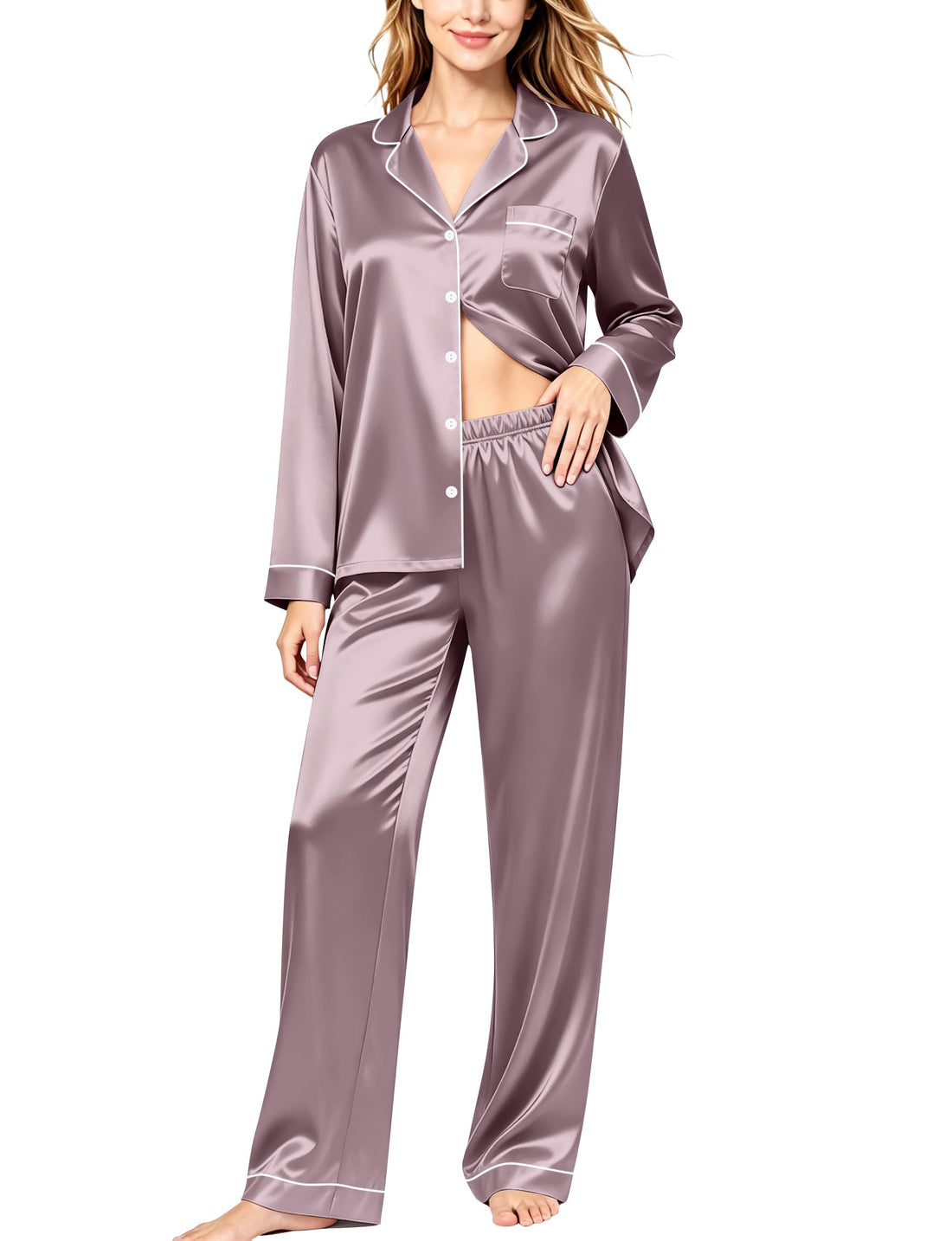 SWOMOG Womens Silk Satin Pajamas Set Long Sleeve Button Down Sleepwear 2 Piece Lounge Set Pj Set XS-3XL