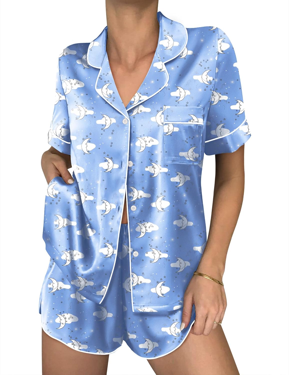 Ekouaer Women Satin Pajama Sets Cute Print Silk Pjs Shorts Sets S-4XL