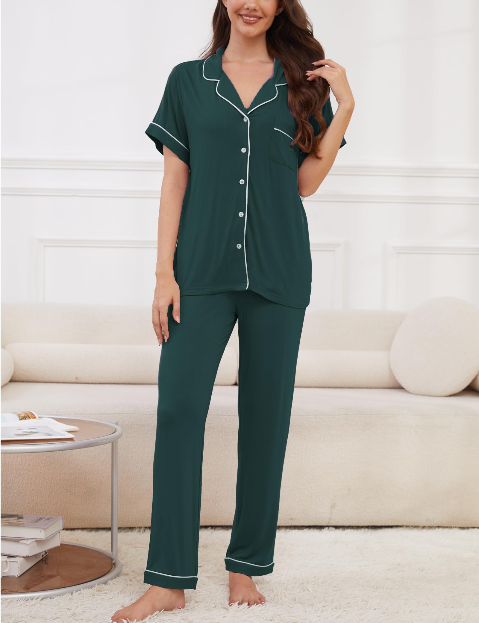Womens Pajama Set Soft Pjs Short Sleeve Sleepwear with Long Pants 2 Piece Lounge Sets S-XXL