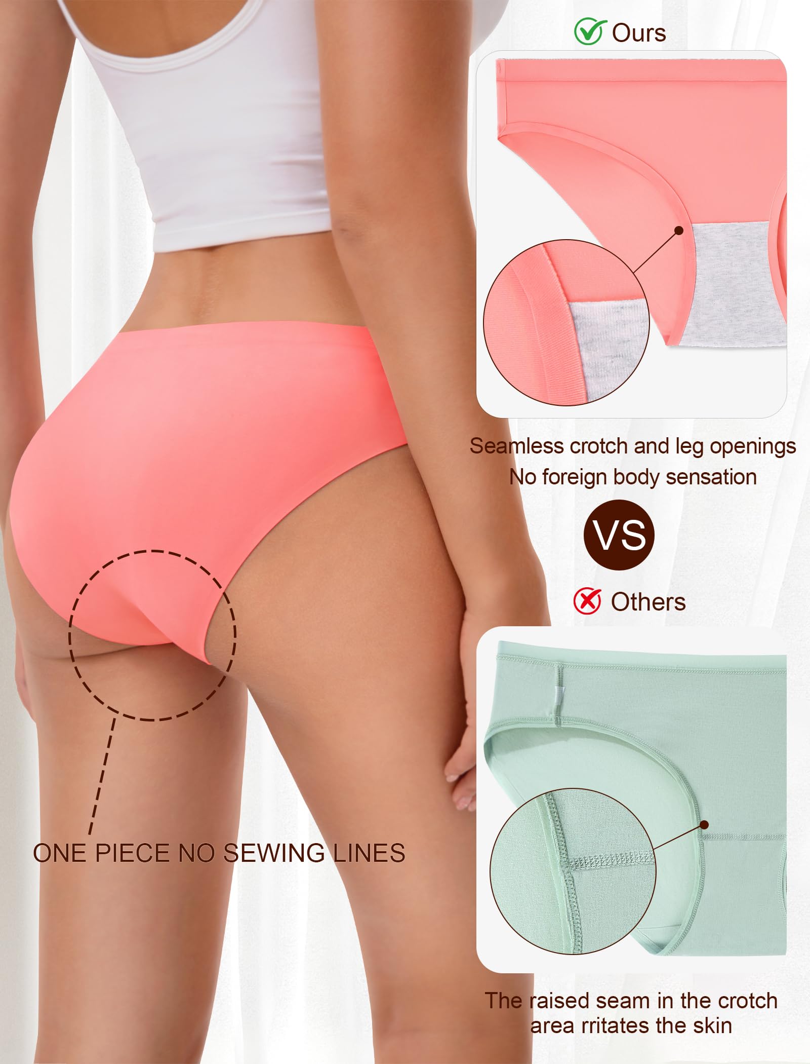 MISSWHO Seamless No Show Womens Underwear Bikini No Show Soft Comfortable Invisibles Briefs Low Rise Hipster Panties 6 Pack